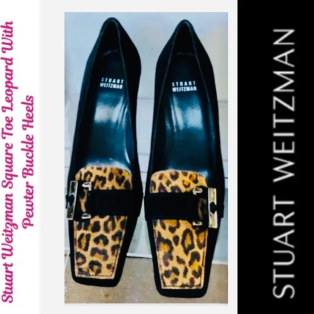 Gently Worn Stuart Weitzman Leopard & Black Square Toe Heels With Pewter Buckle